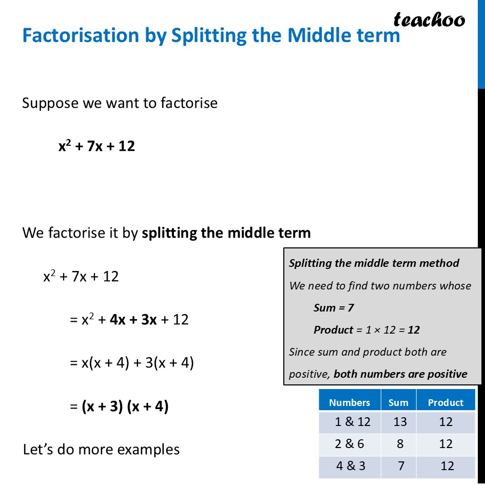 Factorisation by Splitting the Middle term - Video + Worksheet - Factorisation by Splitting the Middle term