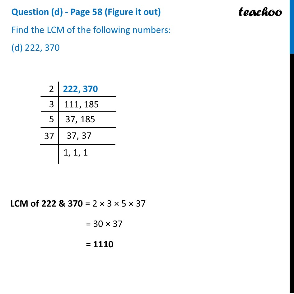 [Class 7 Maths] Find the LCM of the following numbers: 222, 370 - Finding LCM using Prime Factorisation