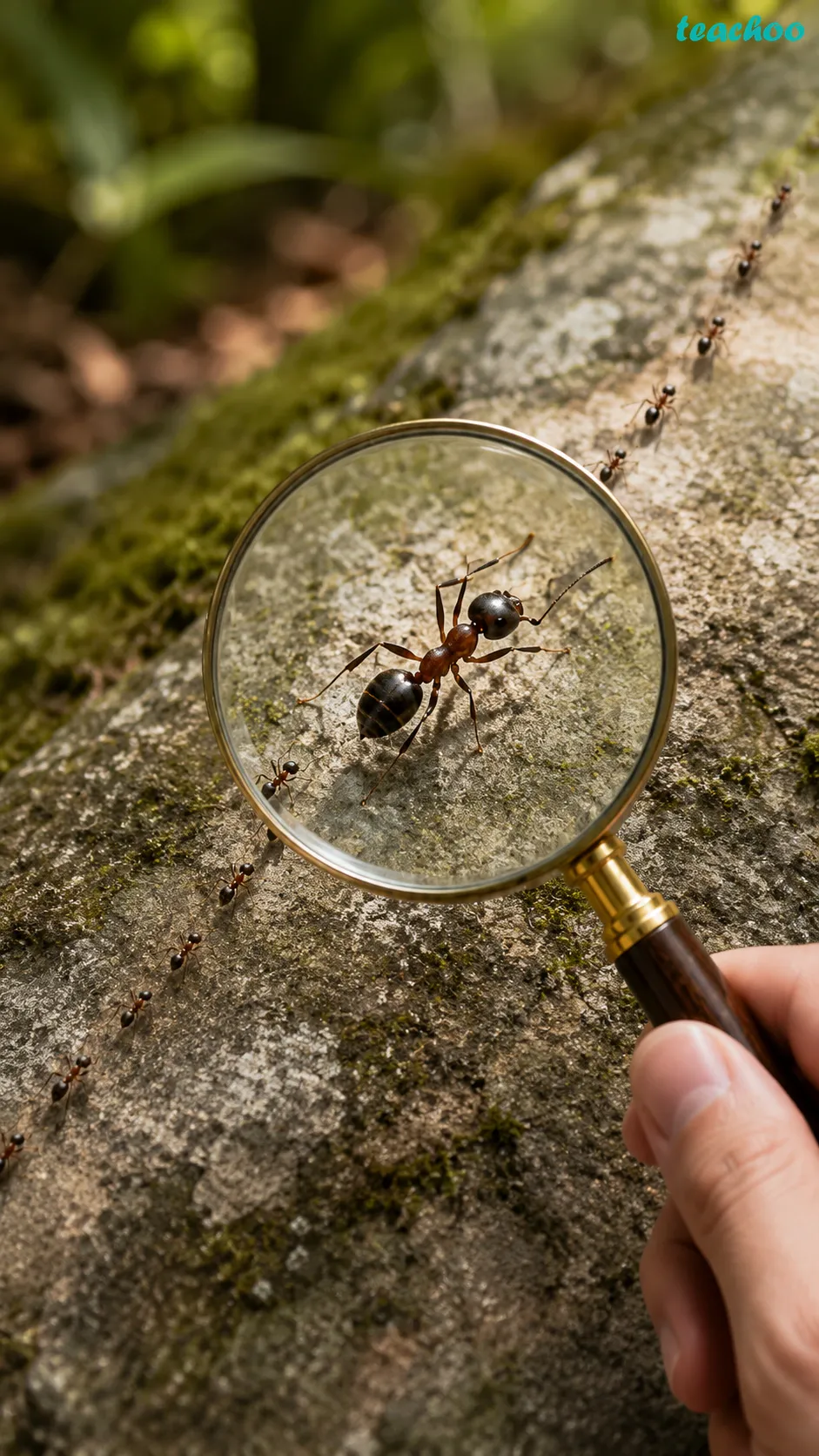 Image: A magnifying glass held over a small ant, with light rays passing through the curved lens and bending so that the ant appears much larger to the eye behind the lens