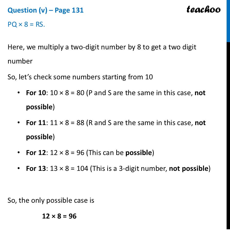 [Class 8] Cryptarithms: PQ × 8 = RS - [Number Play]  - Teachoo - Digits in Disguise