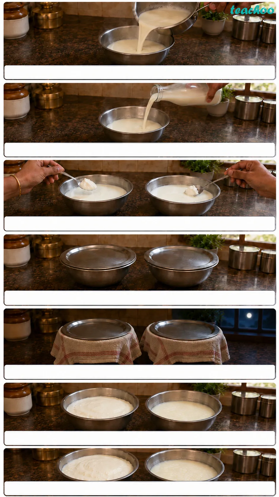 Image: Two bowls of milk with a spoon of curd added, bowl A kept warm has set into thick curd while bowl B kept cold in a refrigerator stays liquid