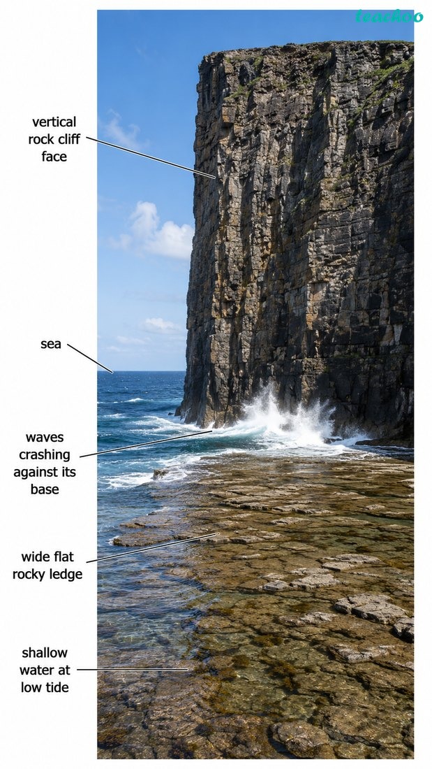 Fig. 2.16 — Sea cliff and shore platform shown together along a wave-cut coast.