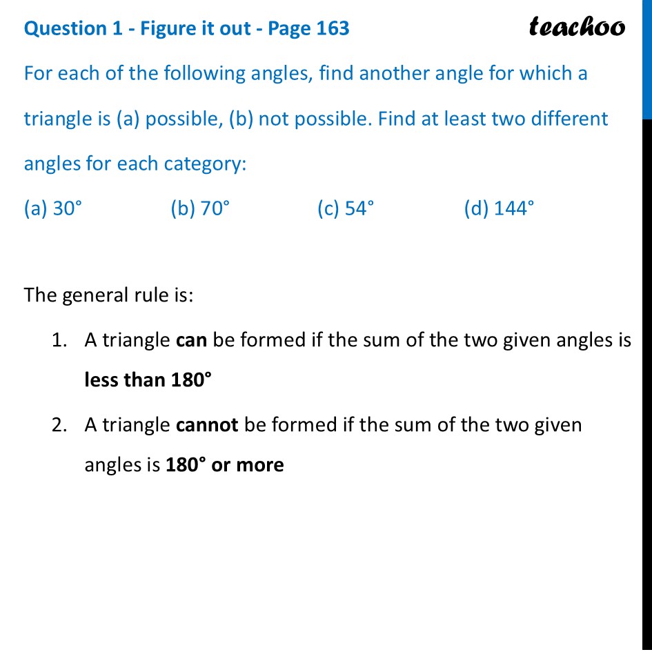 For each of the following angles, find another angle for (a) 30° - Do triangles always exist?