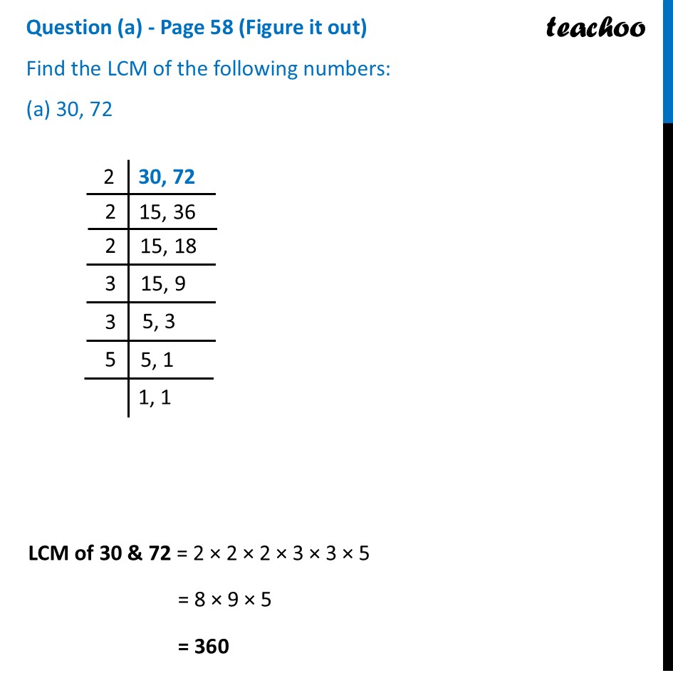 [Class 7 Ganita Prakash] Find the LCM of the following numbers: 30, 72 - Finding LCM using Prime Factorisation
