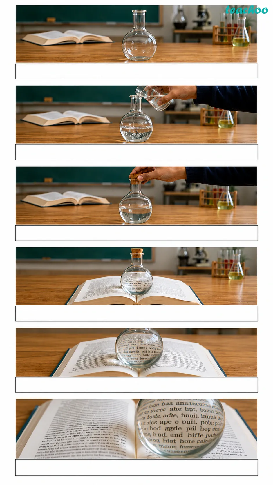 Image: A round-bottom glass flask filled with water and closed with a cork, placed on an open book, making the letters underneath look larger like a magnifying glass