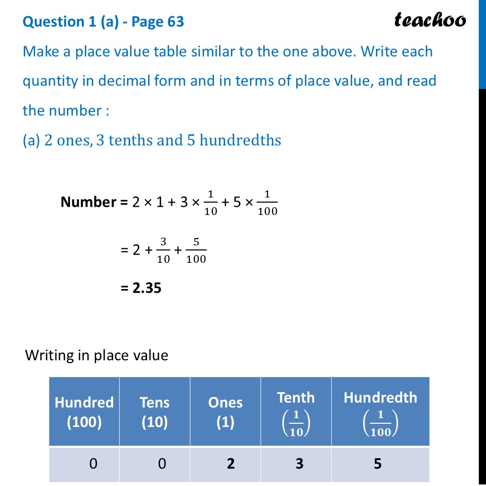 Make a place value table - (a) 2 ones, 3 tenths and 5 hundredths - Reading and Writing Decimals