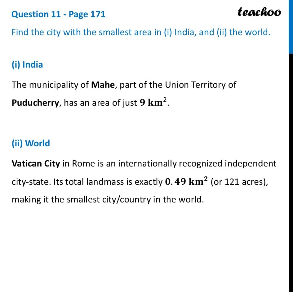 Find the city with the smallest area in (i) India, and (ii) the world - Areas in Real Life