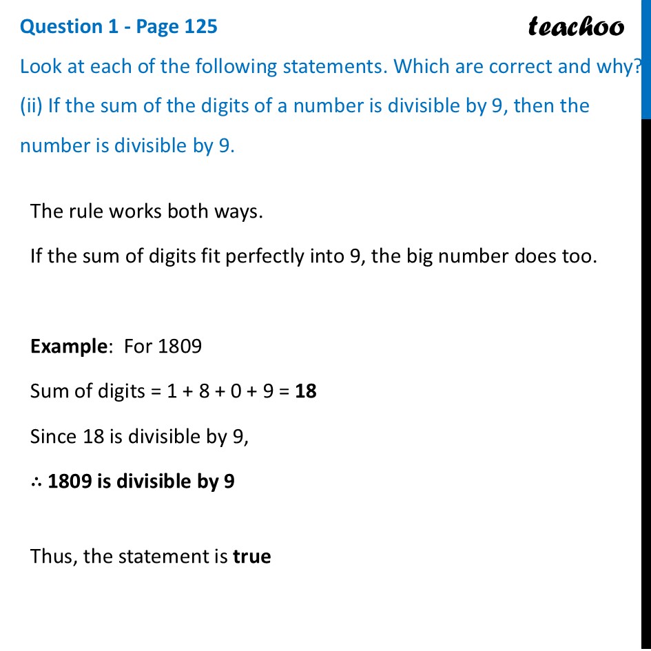 part 2 - Question 1 - Page 125 - Shortcut for Divisibility by 9 - Chapter 5 Class 8 - Number Play (Ganita Prakash) - Class 8 (Ganita Prakash - 1, 2 & Old NCERT)