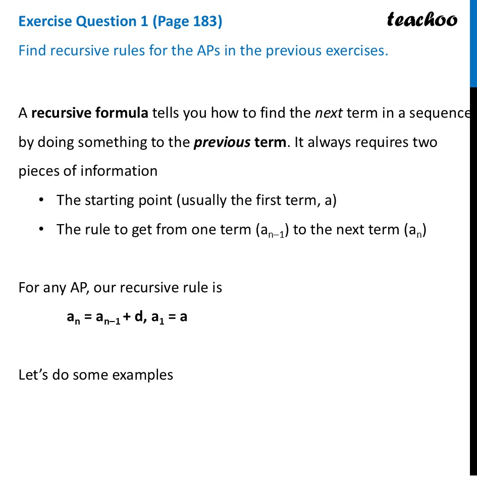 [Class 9] Find recursive rules for the APs in the previous exercises - Visualising an AP