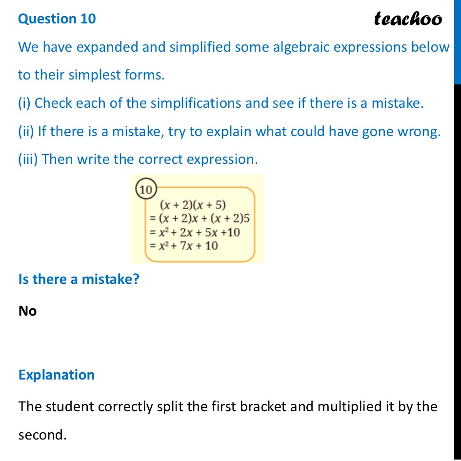 Write the correct expression - (x + 2)(x + 5) = (x + 2)x + (x + 2)5 - Mind the Mistake, Mend the Mistake