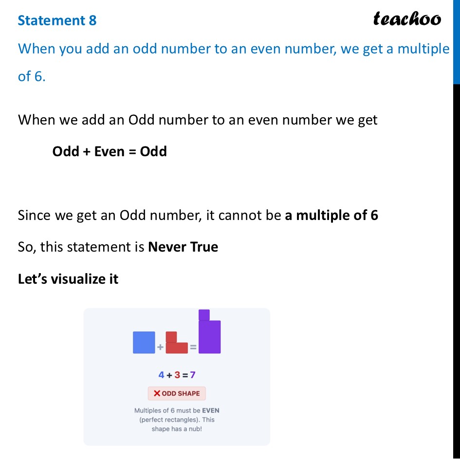 When you add an odd number to an even number, we get a multiple of 6 - Always, Sometimes, or Never