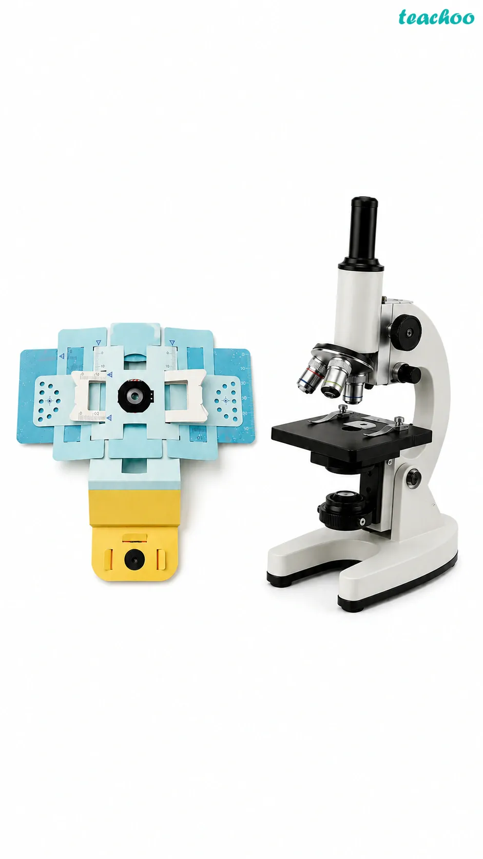 Image: A low-cost foldable paper microscope held in one hand shown beside a large high-powered laboratory microscope, both used to magnify tiny microorganisms and make the microscopic world visible to us