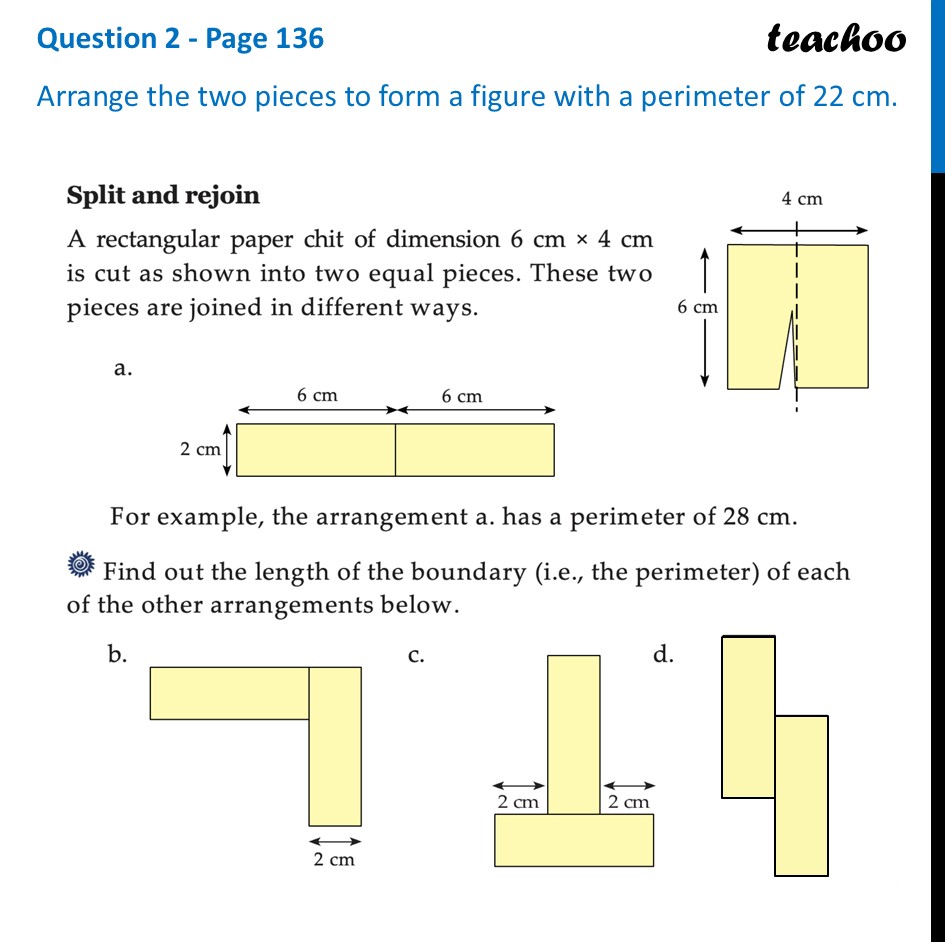 Arrange the two pieces to form a figure with a perimeter of 22 cm - Split and Rejoin - Page 136