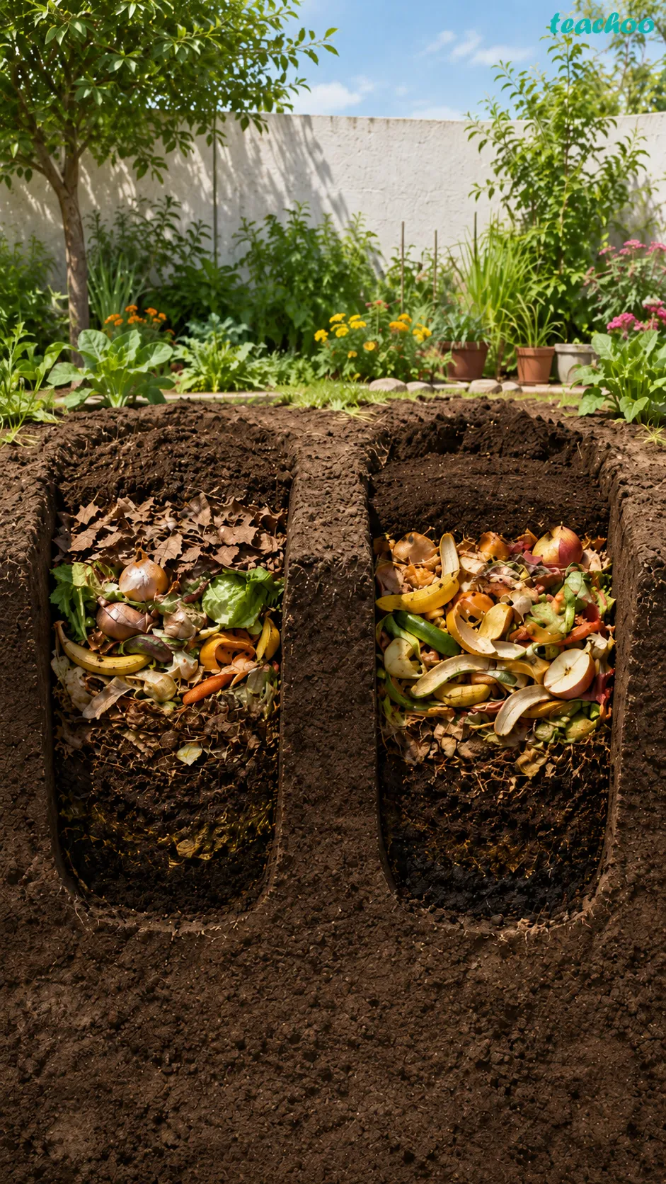 Image: Two garden pits A and B covered with soil, pit A holding fruit and vegetable peels mixed with dried leaves and pit B holding the same peels without dried leaves