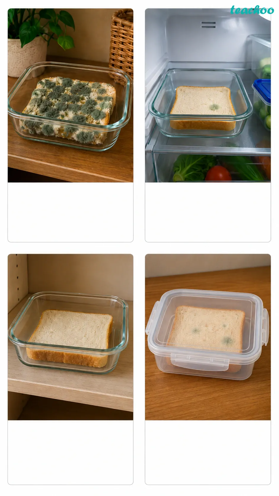 Image: Four bread slices in separate boxes set up as an experiment - one kept warm and moist with air, one in a cold fridge, one kept dry, and one sealed airtight - to test what microbes need to grow