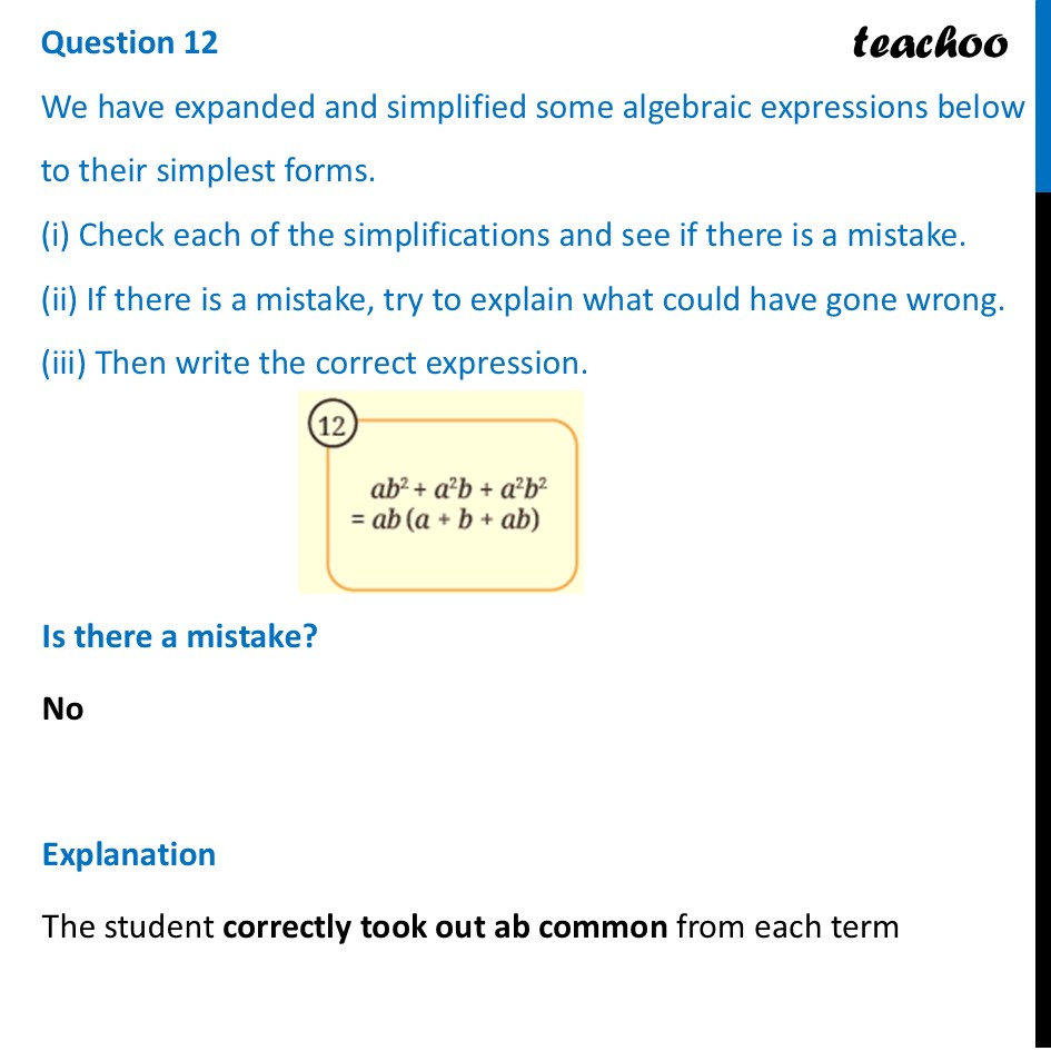 Write the correct expression - ab2 + a2b + a2b2 = ab (a + b + ab) - Mind the Mistake, Mend the Mistake