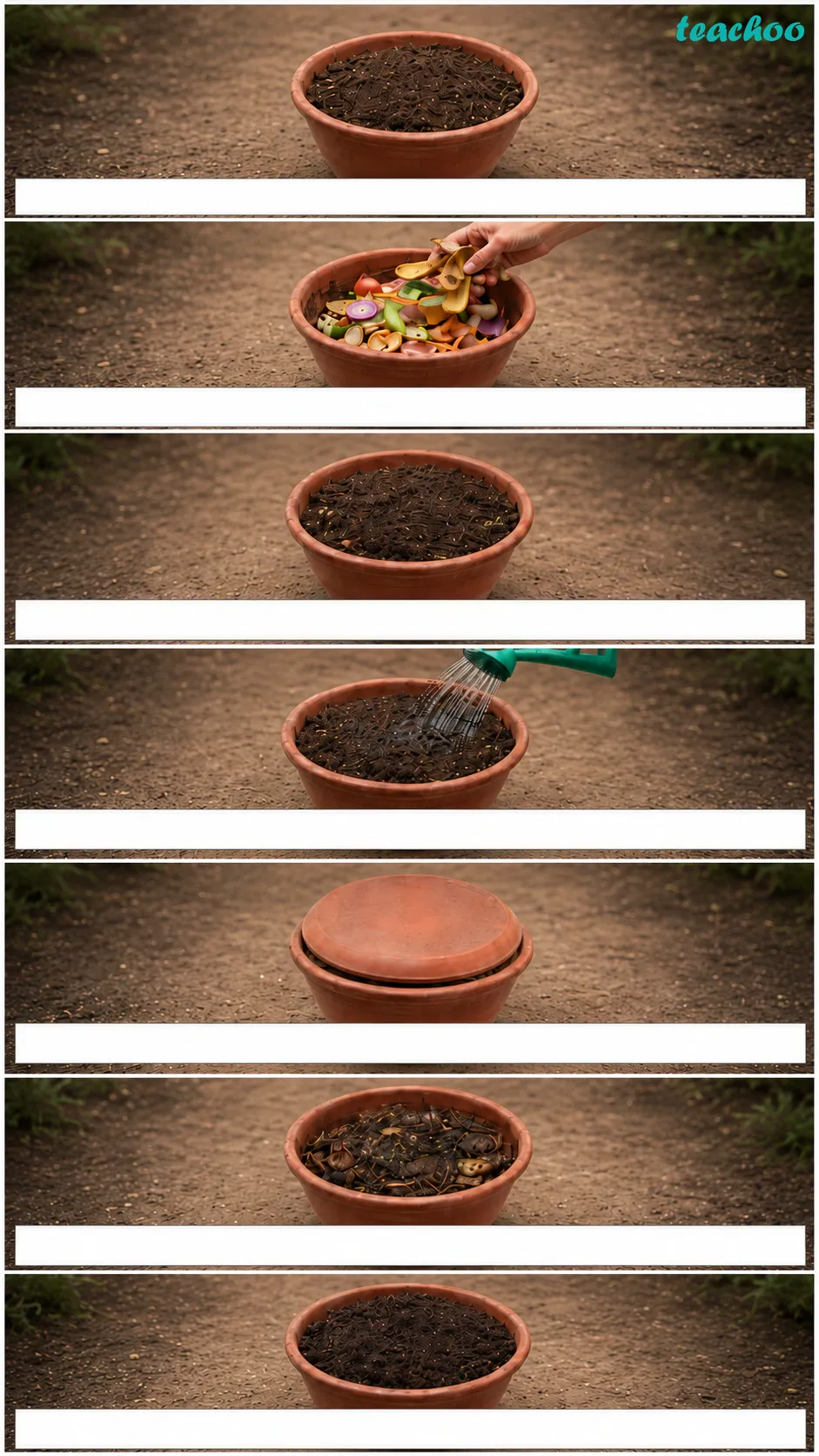 Image: A container half filled with garden soil with fruit and vegetable peels added and covered with a layer of soil, left aside to turn into dark manure over a few weeks