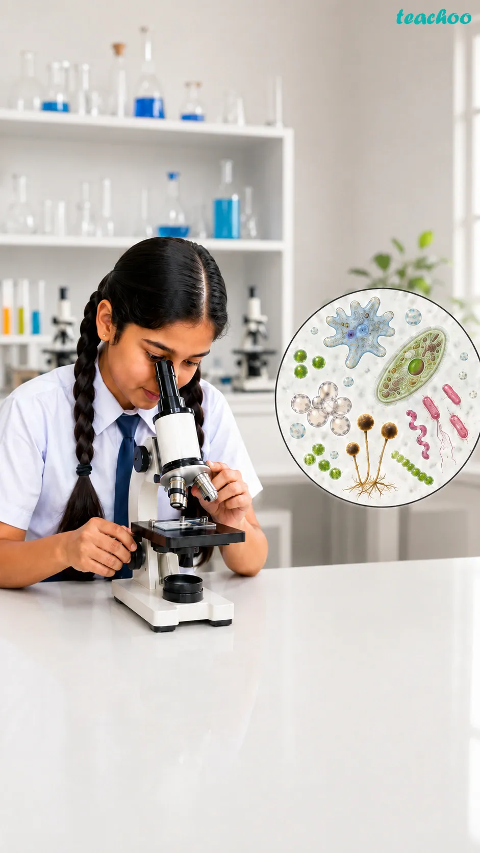 Image: A person looking through a microscope at tiny living things, with a magnified view of cells and microbes that cannot be seen with the naked eye