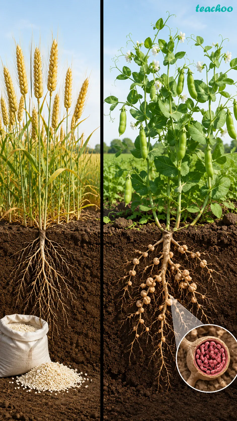 Image: Two neighbouring fields side by side, one with wheat crops where a farmer adds nitrogen fertiliser, and one with bean plants whose roots show nodules containing Rhizobium bacteria
