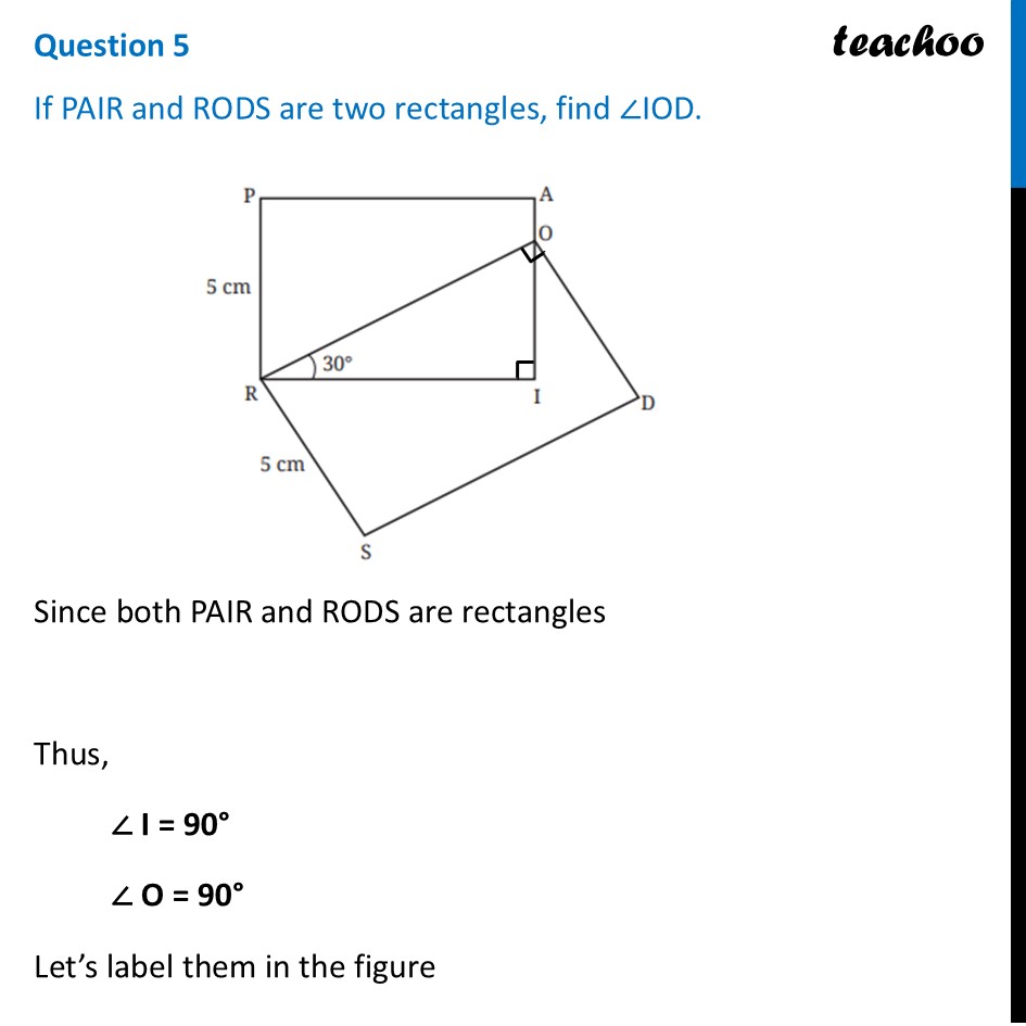 [Quadrilaterals] If PAIR and RODS are two rectangles, find ∠IOD. - Figure it out - Page 107