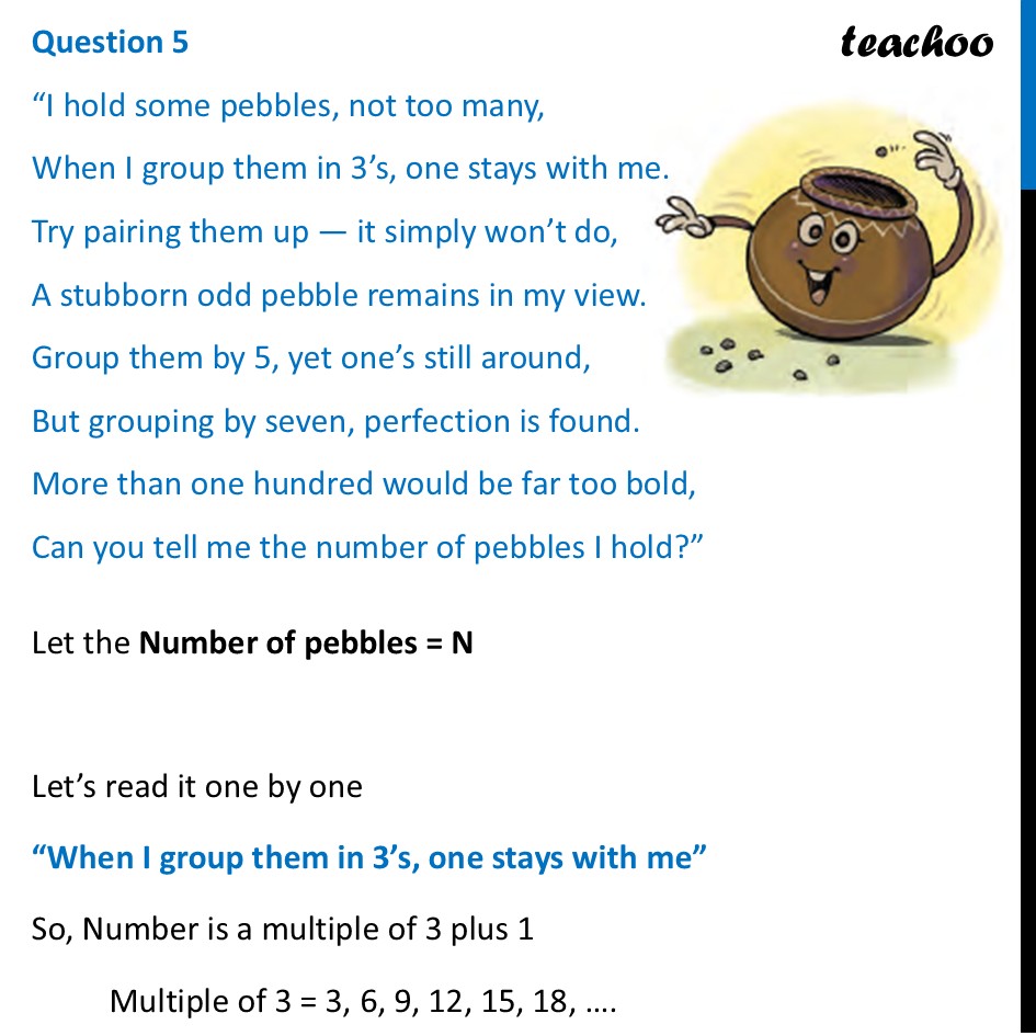 [Class 8] I hold some pebbles, not too many, When I group them in 3’s - Figure it out - Page 122, 123