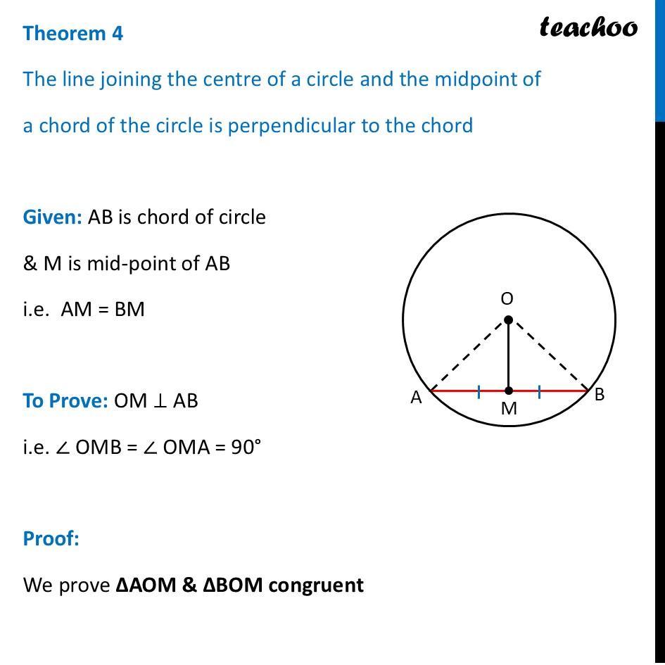 Theorem 4 - Line joining the centre of a circle and midpoint of chord - Theorems (and their Proofs)
