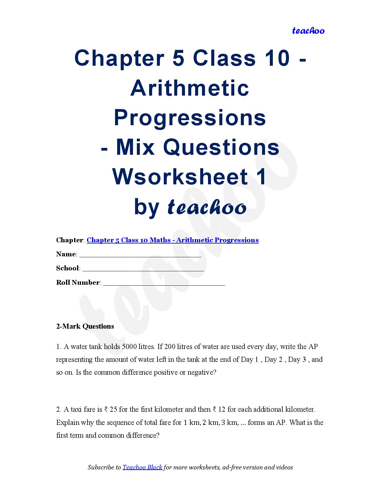 A.P Class 10 Mix Ques Worksheet - Practice Questions (Download PDF) - Teachoo Questions - Mix