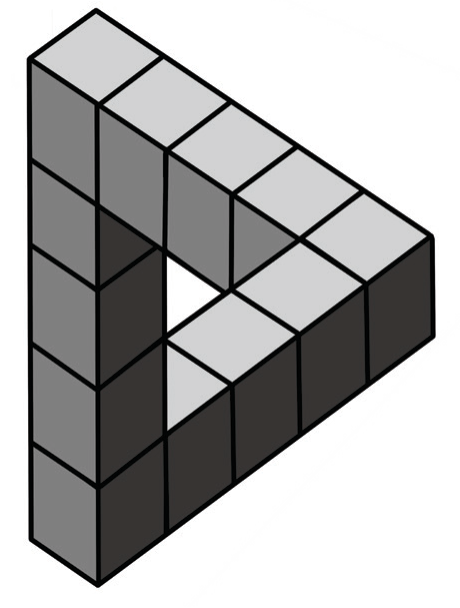 An isometric impossible triangle whose three arms appear to join inconsistently.