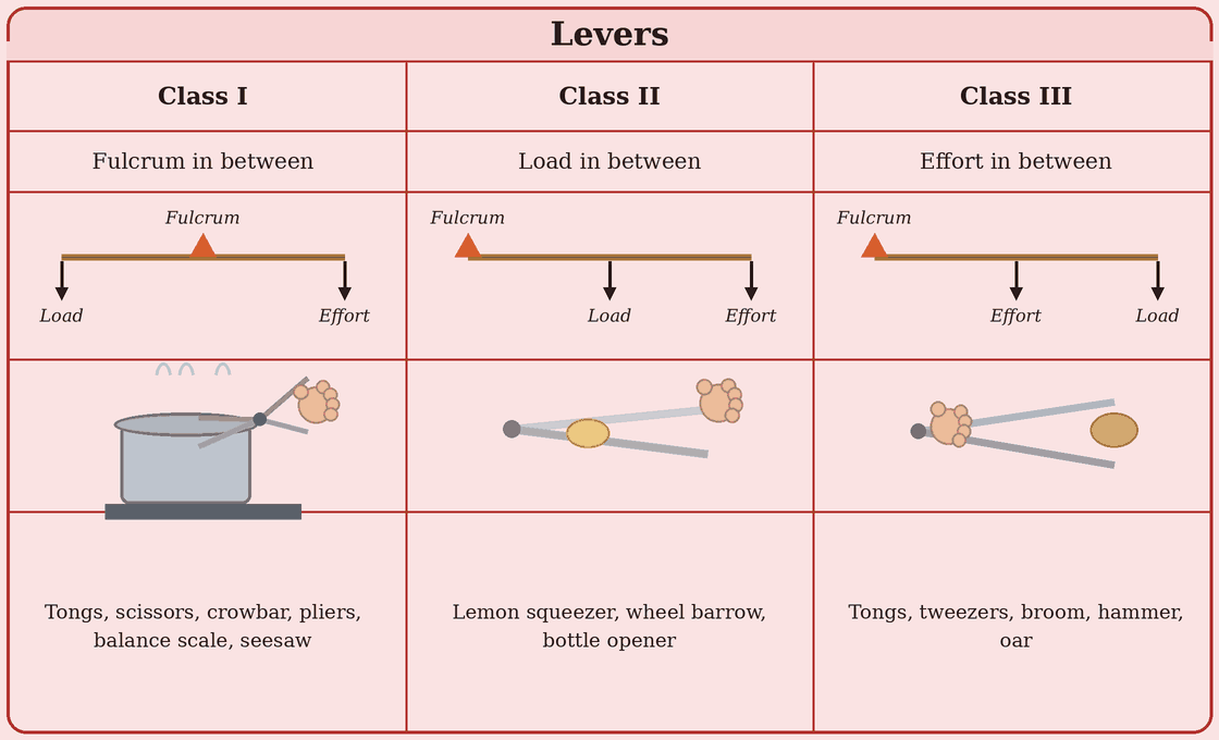 Animation for "What are the classes of Levers". A short looping GIF, three or four beats, drawn in the flat classroom style of the chapter. Beat 1 — Levers can be of three classes depending upon the relative positions of effort, fulcrum and load. (Ready to Go Beyond, page 135). Label every arrow and quantity, name the direction each force or motion acts in, and hold the last frame for a moment before the loop starts again.