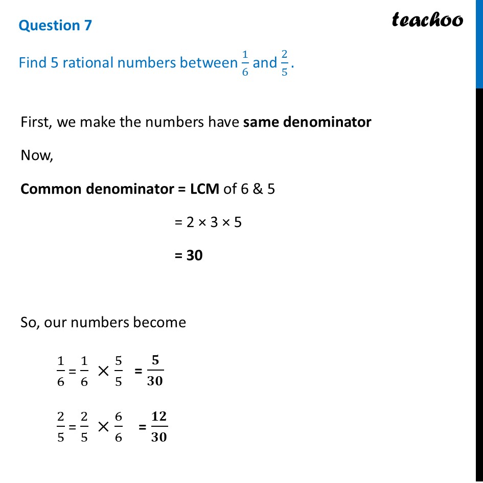 Find 5 rational numbers between 1/6 and 2/5 - [Chapter 3 Class 9] - End-of-Chapter Exercises
