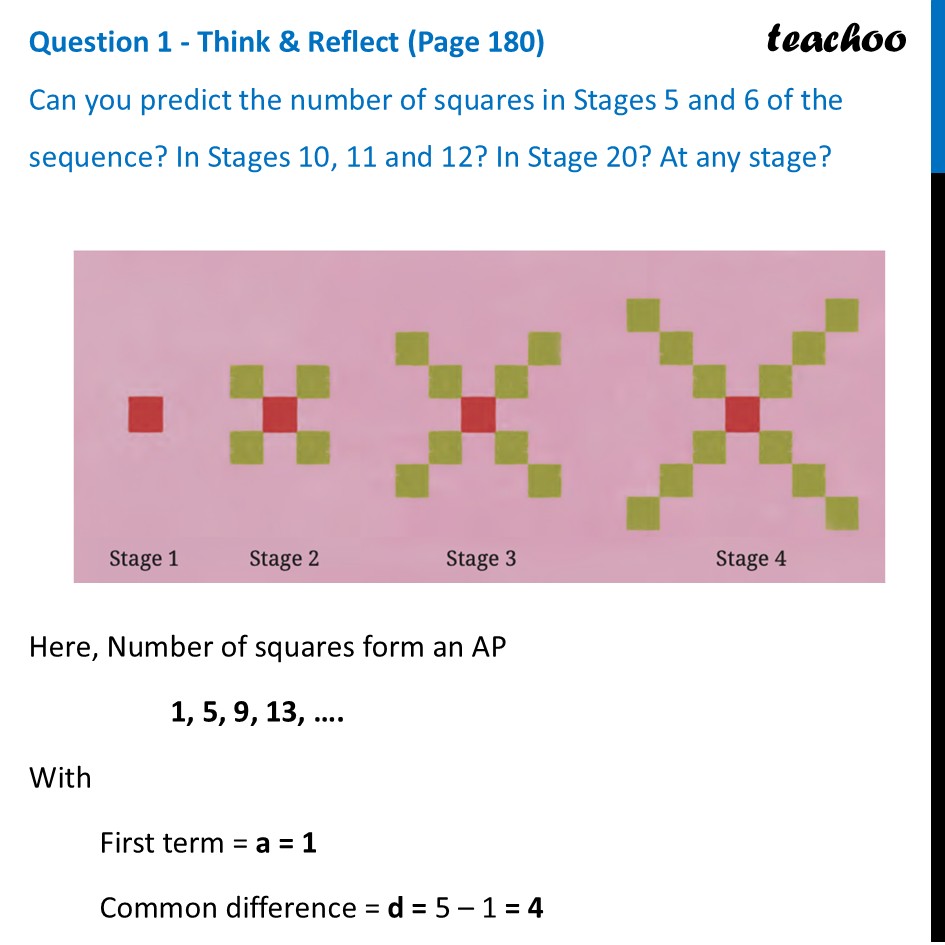 Can you predict the number of squares in Stages 5 & 6 of the sequence? - Arithmetic Progressions
