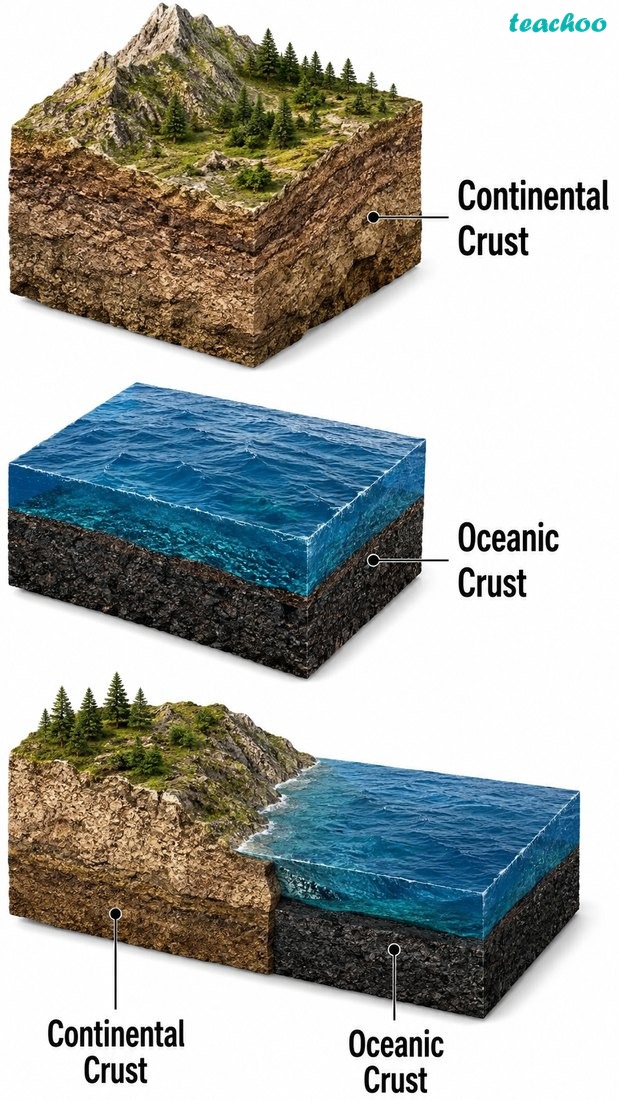Three plate types shown together: continental plate, oceanic plate and mixed plate, using clean educational cross-sections; no text.