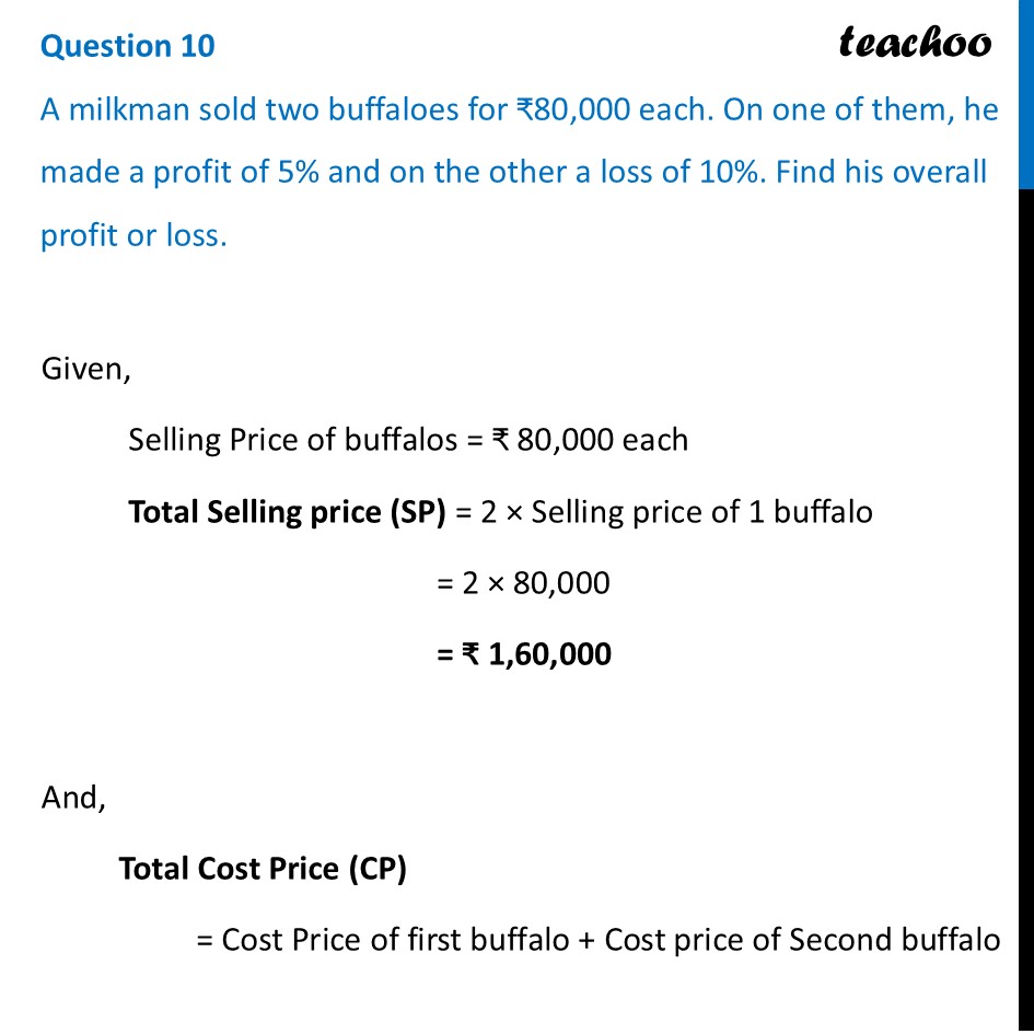 A milkman sold two buffaloes for ₹80,000 each. On one of them, he made - Figure it out - Page 19, 20