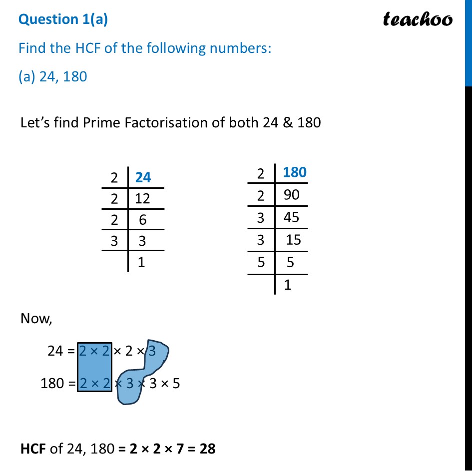 Find the HCF of the following numbers (a) 24, 180 [Ganita Prakash II] - Figure it out - Page 54
