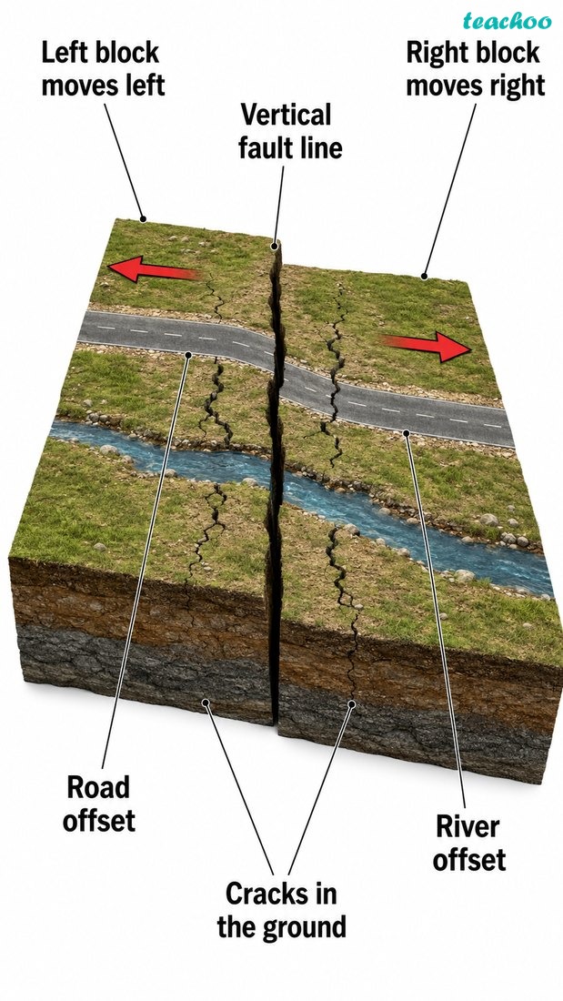 Transform boundary shown clearly, with two plates sliding sideways past each other and causing earthquakes; no text.