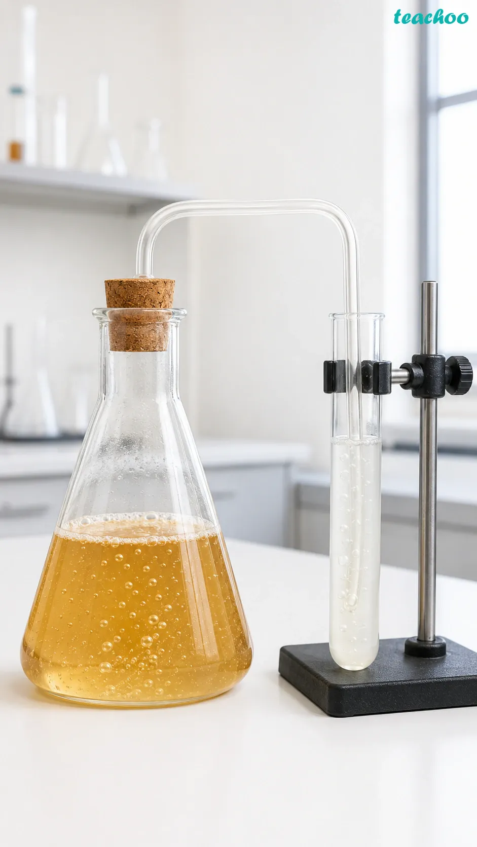 Image: A flask A holding warm sugar solution with yeast, connected by a tube to test tube B holding lime water