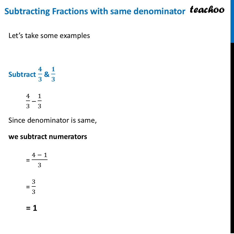 Subtracting Fractions with same denominator - Explained with Examples - Subtraction of Fractions