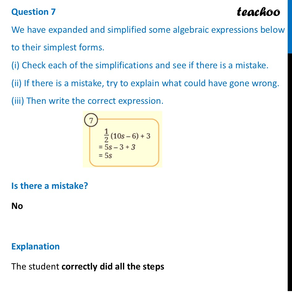 Write the correct expression - 1/2(10s – 6) + 3 = 5s – 3 + 3 = 5s - Mind the Mistake, Mend the Mistake