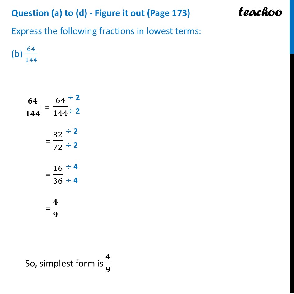 [Class 6 Ganita Prakash] Express the fraction in lowest term 64/144 - Simplest Form of Fractions