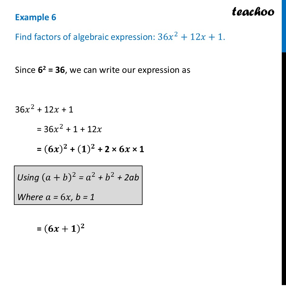Find factors of algebraic expression: 36x^2 + 12x + 1 [Class 9 Ganita] - Factorisation of Algebraic Expressions Using Identities