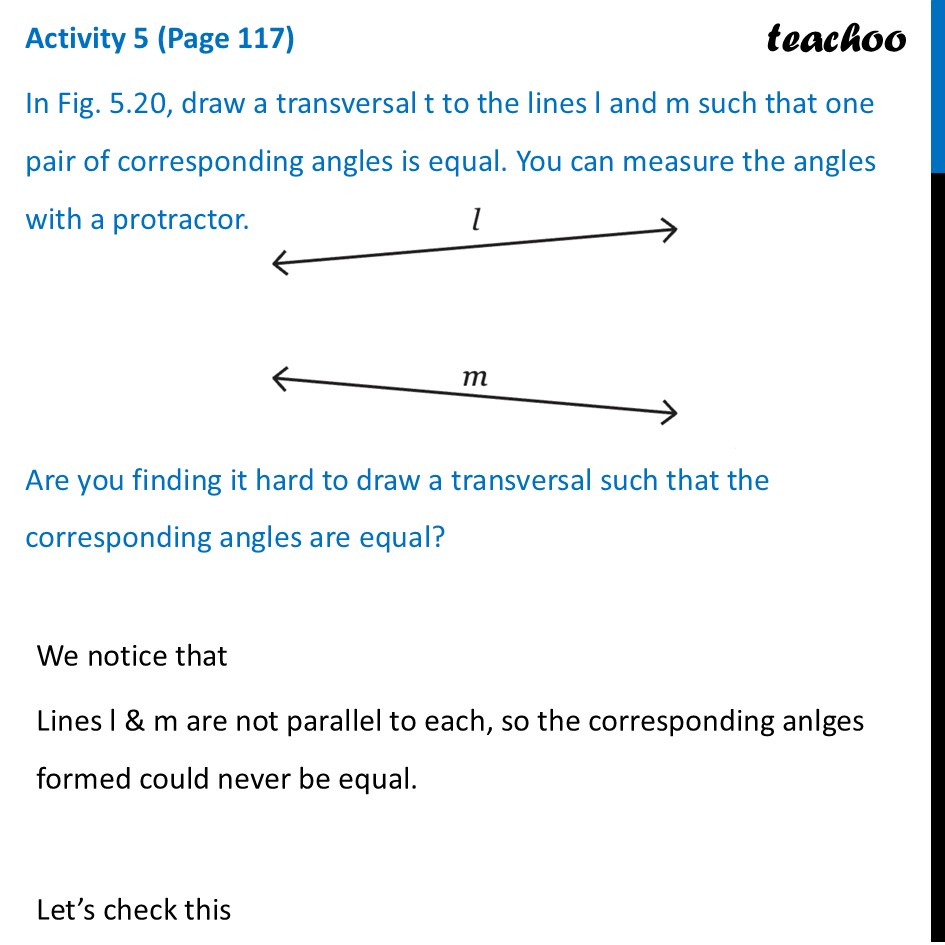 Activity 5 (Page 117) - Class 7 - Parallel and Intersecting Lines - Corresponding Angles