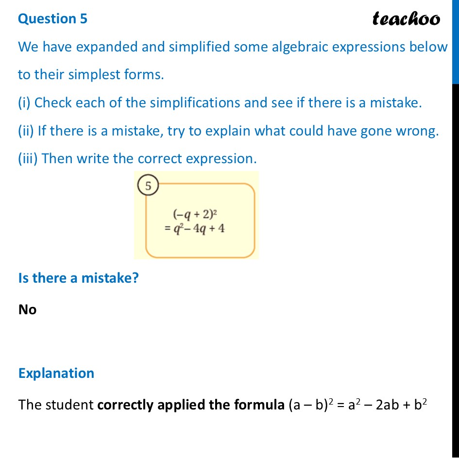 [Ganita Prakash] Write the correct expression - (–q + 2)2 = q2– 4q + 4 - Mind the Mistake, Mend the Mistake