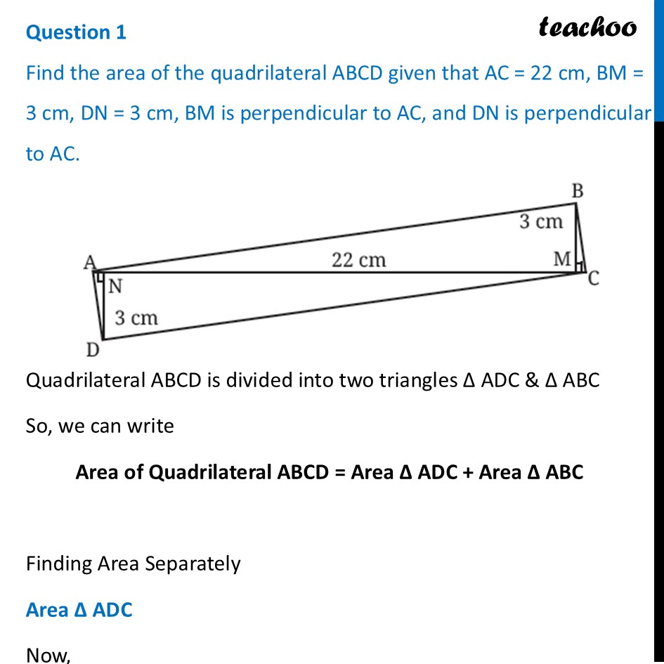 Find the area of the quadrilateral ABCD given that AC = 22 cm, BM - Figure it out - Page 160