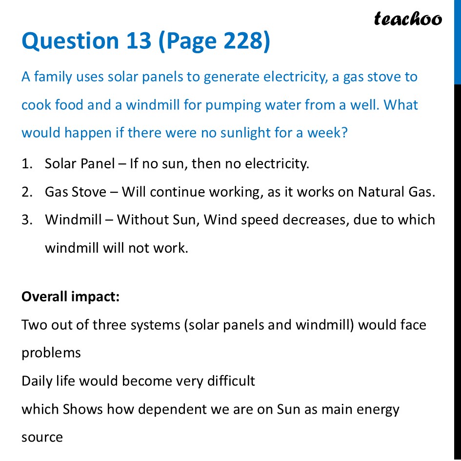 A family uses solar panels to generate electricity a gas stove to cook - Questions at the end of chapter (Page 227,228 & 229)