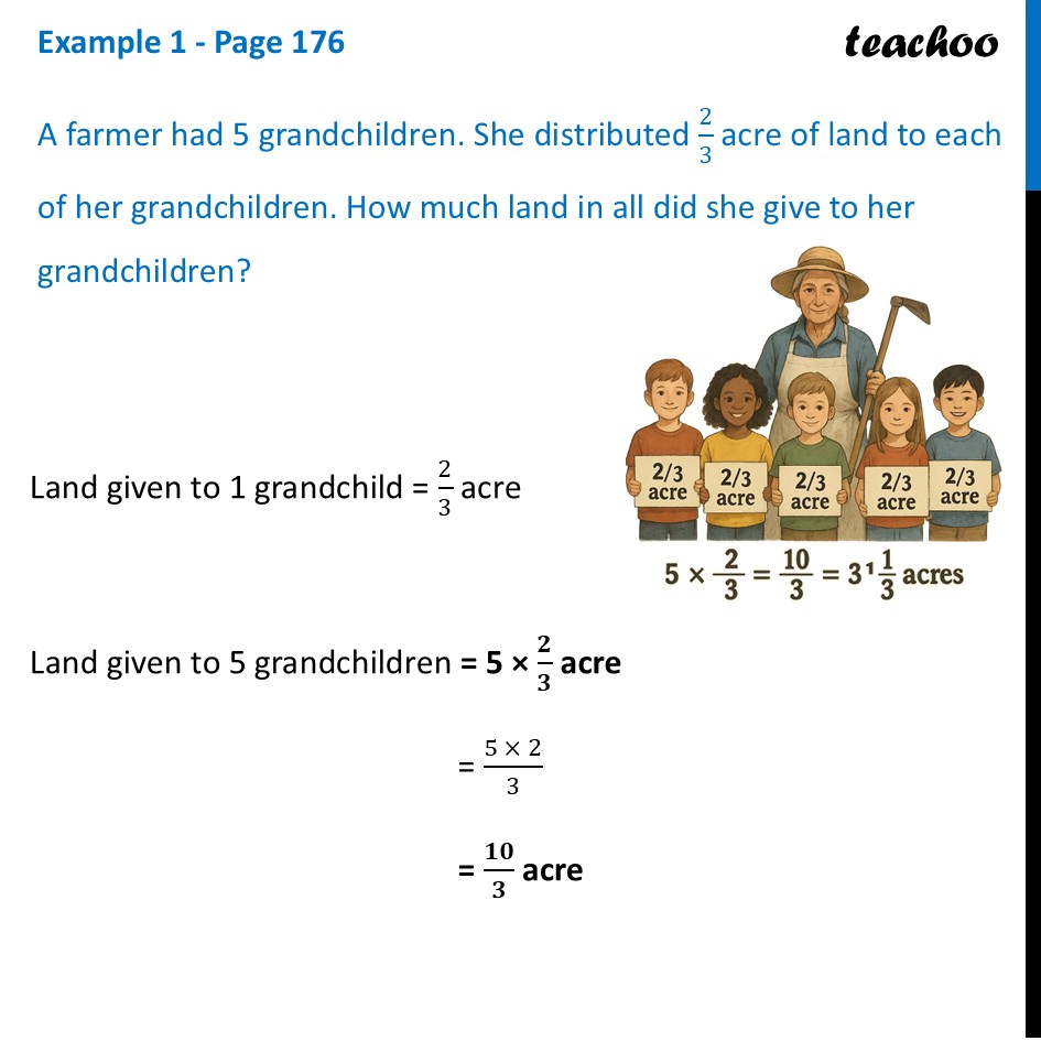 A farmer had 5 grandchildren. She distributed 2/3  acre of land to - Multiplication of Fractions