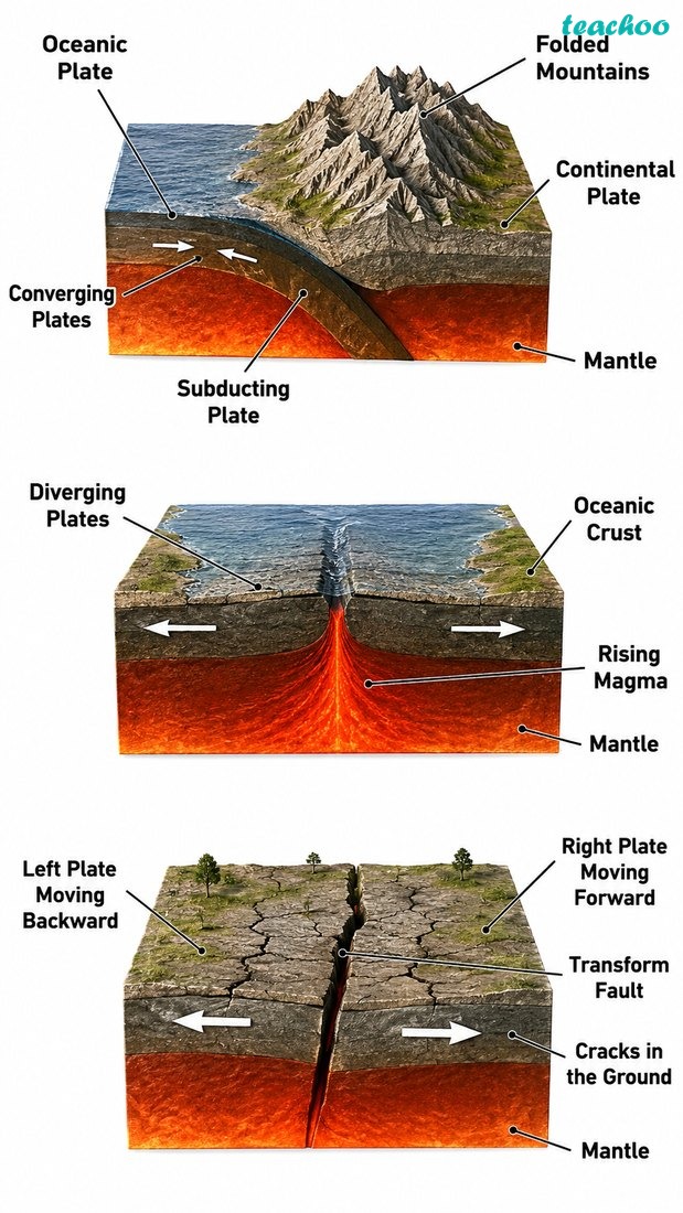 Three boundary types shown together in one educational comparison: convergent, divergent and transform boundaries; no text.