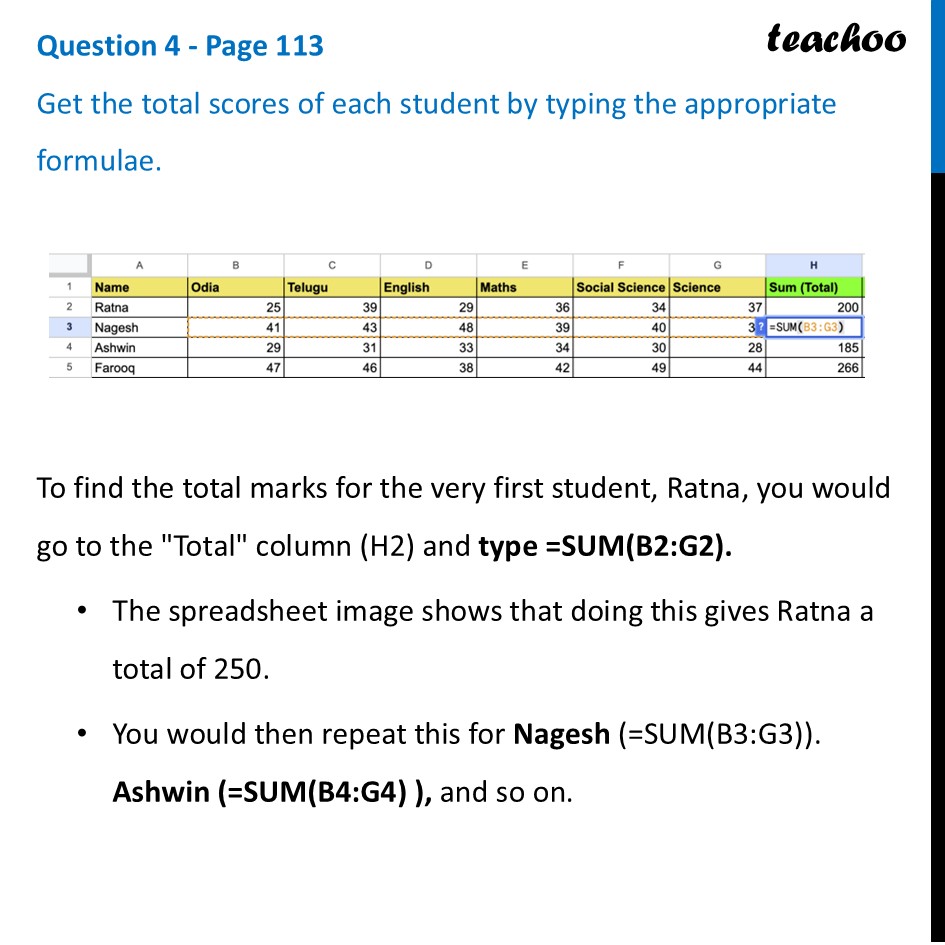 [Maths] Get the total scores of each student by typing the appropriate - Spreadsheets