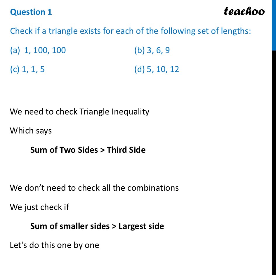 Check if a Triangle Exists for Each Set of Lengths: 1, 100, 100 - Figure it out - Page 159