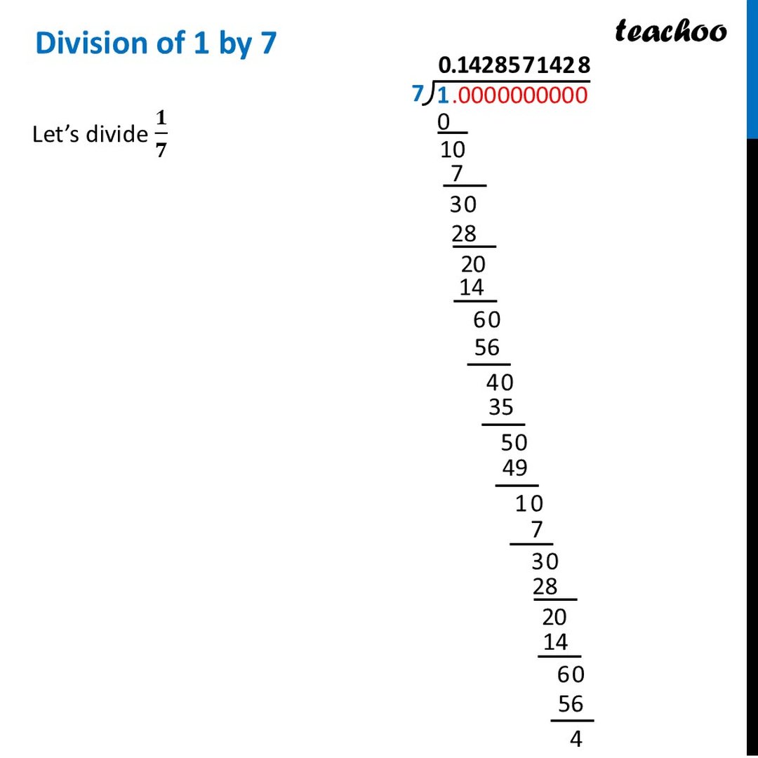 Division of 1 by 7 - Full Division + Remainder + Pattern