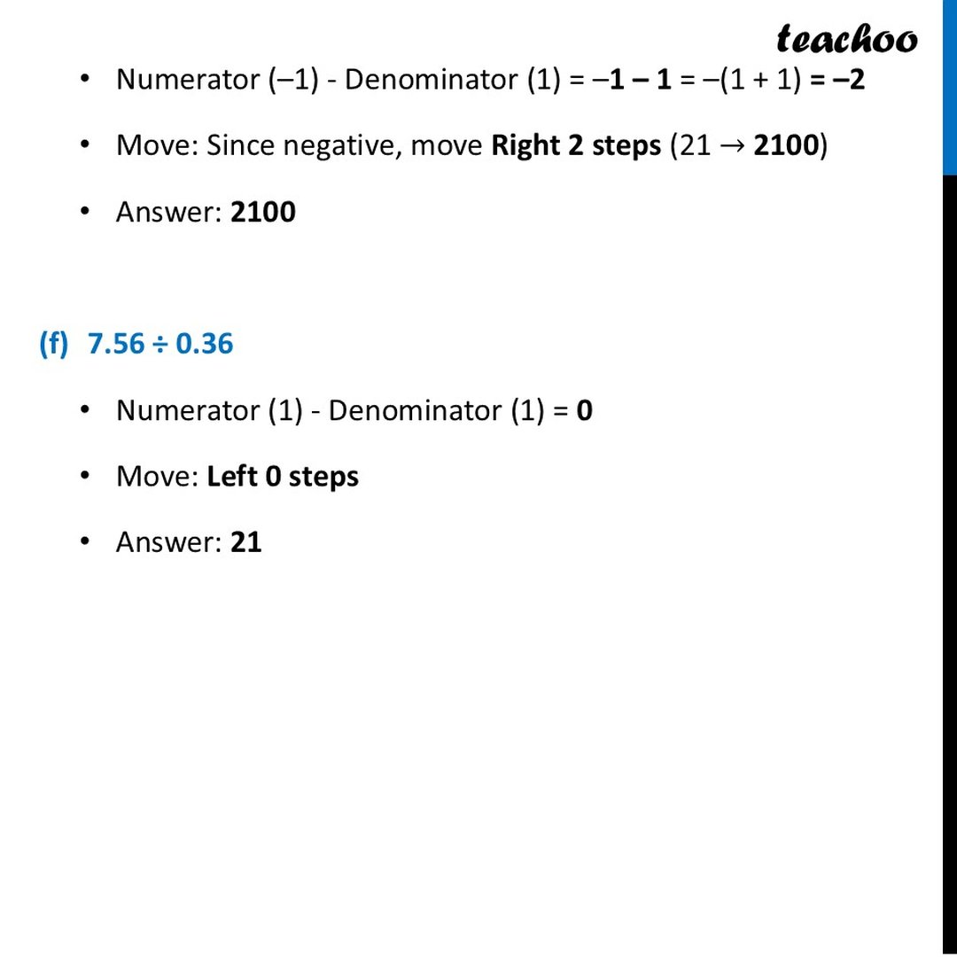 Find the following quotients given that 756 ÷ 36 = 21: (a) 75.6 ÷ 3.6